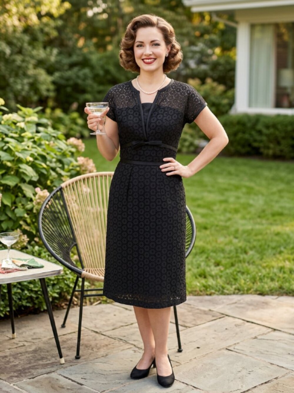 Vtg 50s black cotton eyelet dress